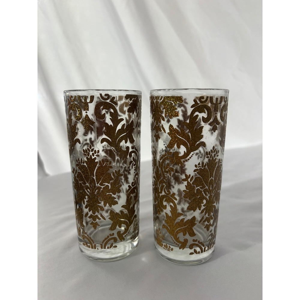 Vintage Set of 2 Gold Glitter Damask Highball Glasses Hollywood Regency Tumblers